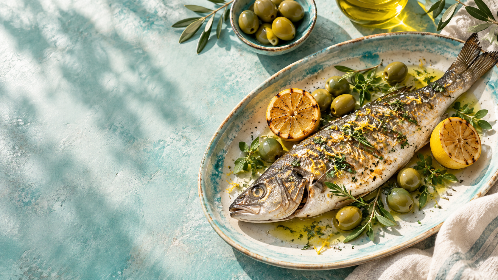 Illustrative whole grilled fish on a platter with lemon and olives