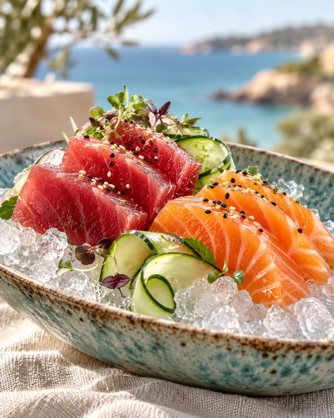 Illustrative raw tuna and salmon slices on crushed ice with cucumber